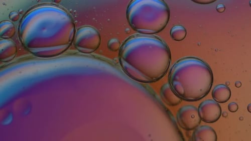 Macro: Microscopic multicolored Fluid Particles. Oil Bubbles in Water Liquid. Science Lab.