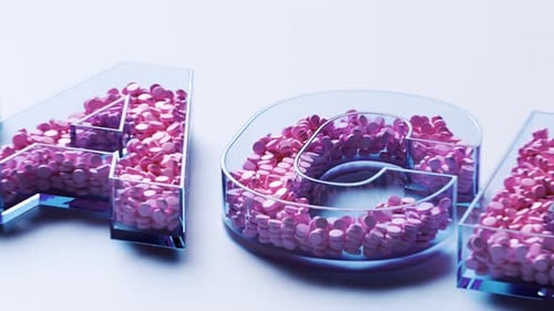 Birth control pills in a glass container in contraception text shape. 4KHD