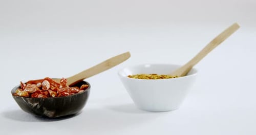 Spices in Bowls with Wooden Spoons, Food