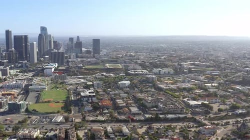 Aerial, cityscape of the Los Angeles, California, drone view