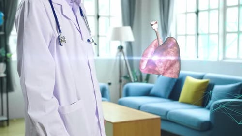 Doctor Touching Digital X-Ray Human Lung Holographic Scan Projection 3D Rendering