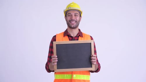 Construction Worker Holding a Blank Chalkboard