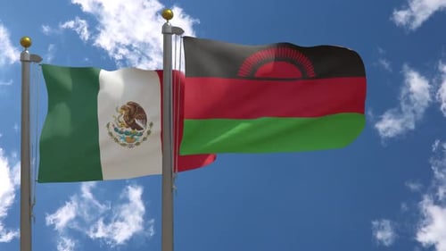 Realistic Mexico and Malawi Flags Waving in Blue Sky