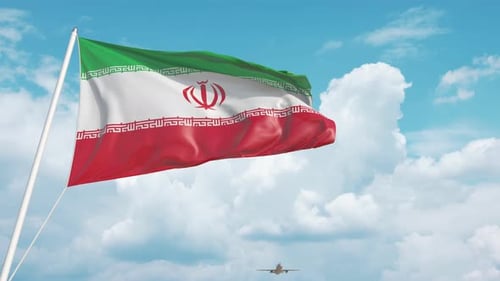 Iran Flag Waving with Airplane in Sunny Sky