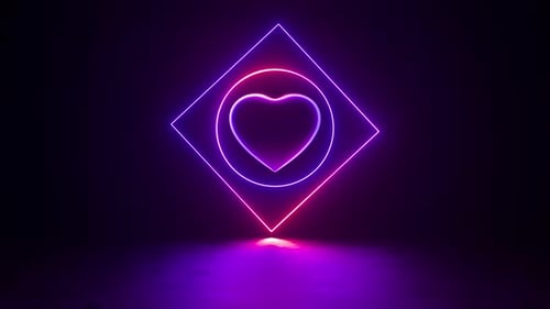 Rotating Neon Love Heart and Geometric Square Loop Background