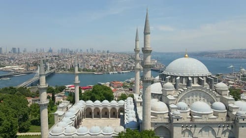 Panning left across Istanbul's Blue Mosque and its hilltop view