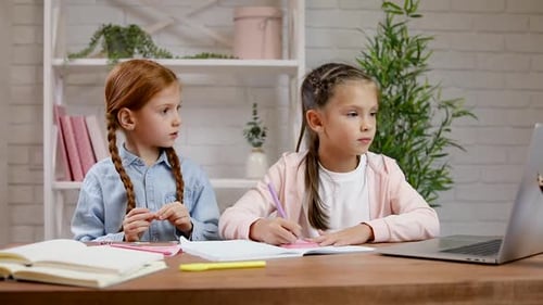 Two Girls Studying Together at Home