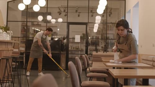 Male and Female Waiters Cleaning Cafe