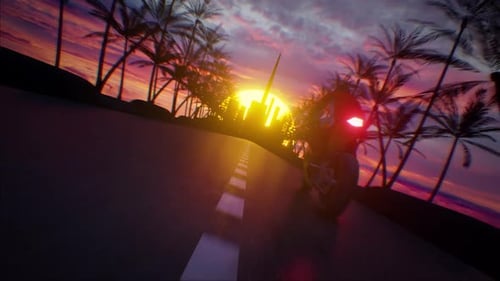 Coucher de soleil sans fin, palmiers et pilote de moto