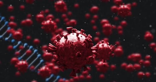 DNA structure and Covid-19 cells against black background