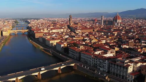 Aerial view of Arno river and the city, in the morning, Florence, Italy
