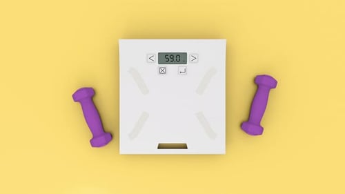 Weighing Scale with Two Fitness Dumbbells on the Yellow Flat Layer Background
