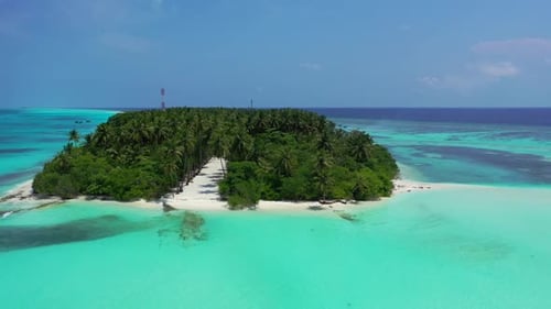 Aerial drone tourism of exotic lagoon beach lifestyle by clear lagoon with white sand background of