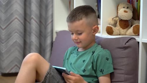 Boy Engaged with Tablet at Home
