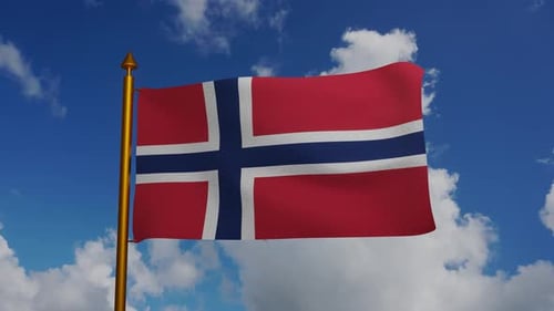 Realistic Waving Norway Flag Against Blue Sky Background