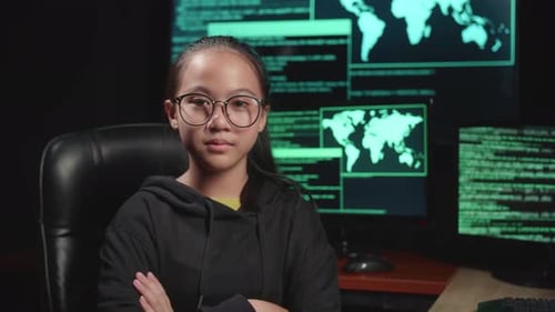 Asian Young Girl Hacker Hacking With Multiple Computer Screens And Pose With With Arms Crossed