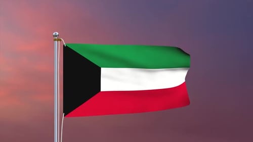 Animated Flag of Kuwait Waving on a Mast