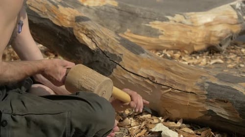 Woodworker Carving Log Using Mallet Outdoors