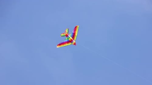 Mehrfarbiger Drachen schwebt am blauen Himmel