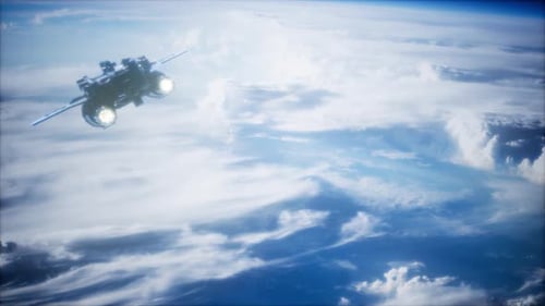 Futuristic Spaceship Flying Through Earth's Atmosphere