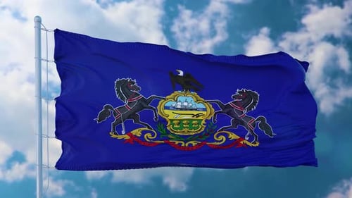 Realistic Pennsylvania State Flag Waving in Blue Sky