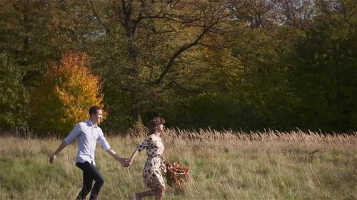 Positive Young Happy Loving Couple Walking on Meadow in Summer