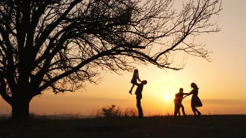 Silhouettes of Family Spending Time Together in the Meadow Near During Sunset