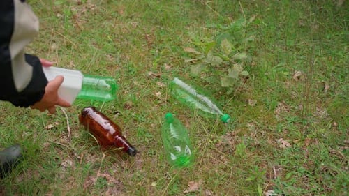 Man clean up trash in forest. Garbage dump of plastic at nature in countryside. Pollution nature