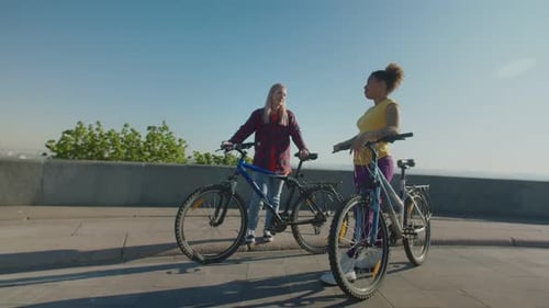Two Friends Talking with Bikes on Sunny Day