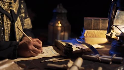 Person Writing with Quill by Oil Lamp
