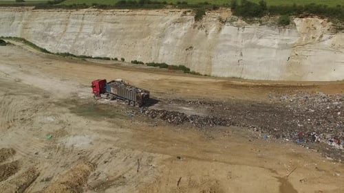 Truck Dumps Waste at Landfill Site Aerial