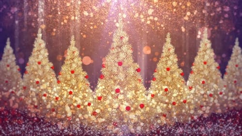 Festive Golden Christmas Trees with Glittering Particles Background