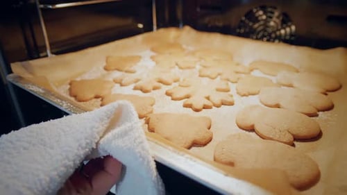 Gingerbread Cookies Baking in Warm Oven at Home