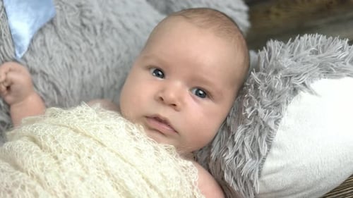 Adorable Infant Relaxing on Gray Pillow
