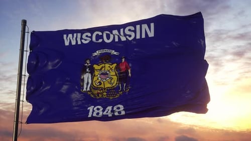 Realistic Waving Wisconsin State Flag Against Sunset
