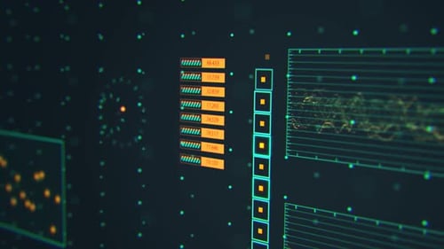 Advanced futuristic graphic interface. Displays abstract diagrams and charts.