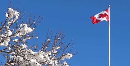Canadian Flag Waving in the Winter Sky