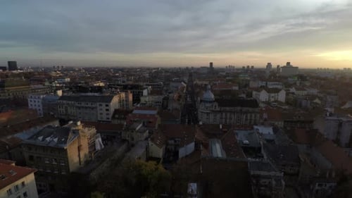 Aerial view of a city at sunset
