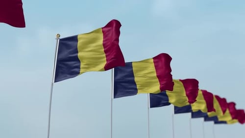Row of Romanian Flags Waving in Wind