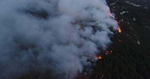 Panoramaaufnahme eines Waldbrandes in der Nacht Starker Rauch verursacht Luftverschmutzung und Feuer in vollem Umfang