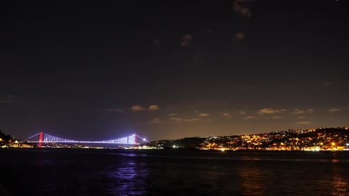 Suspension Bridge at Night over Water