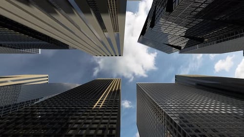 Ventanas del edificio de oficinas y vista desde abajo del edificio de rascacielos con oficinas