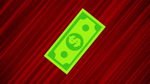 Dólar voador em fundo vermelho. Animação de dinheiro em loop de jogar moeda. Movendo a nota do dólar americano