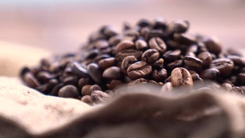 Pile of aromatic roasted coffee beans close-up