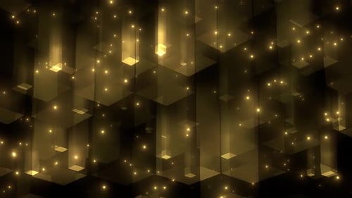 Abstract Golden Geometric Cubes Loop Background with Shimmering Particles