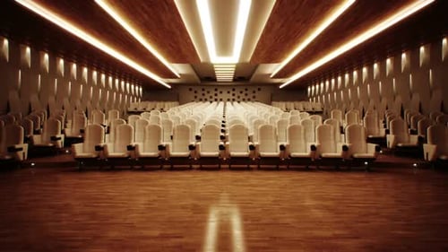 Empty cinema interior zoom-in animation from the stage perspective. HD
