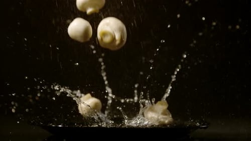 Mushrooms falling on a plate with water, Ultra Slow Motion