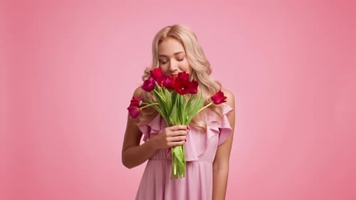 Smiling Woman with Tulips on Pink Background