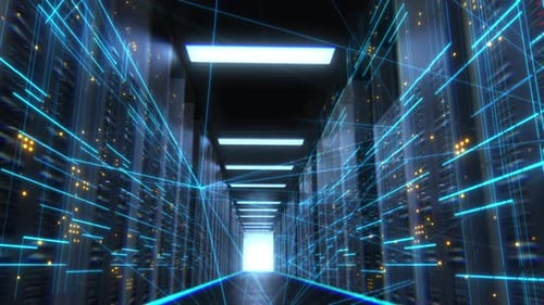 Digital Network Stream in Futuristic Server Corridor