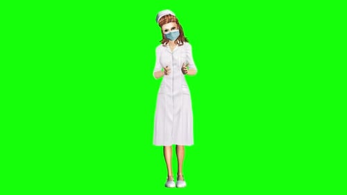 Animated Nurse Character Wearing Face Mask Gesturing on Green Screen